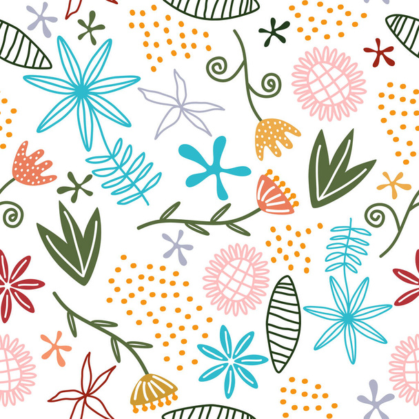Seamless repeat pattern with flowers and leaves, scandinavian childish drawing background. Hand drawn fabric, gift wrap, wall art print. Vector illustration repeated cute design. - Vektör, Görsel