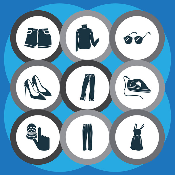 Modieuze iconen set met denim, klassieke broeken, strandkleding en andere jeans elementen. Geïsoleerde vector illustratie modieuze pictogrammen. - Vector, afbeelding