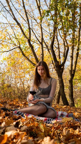 young beautiful woman with a glass of wine in the park in autumn - Fotografie, Obrázek
