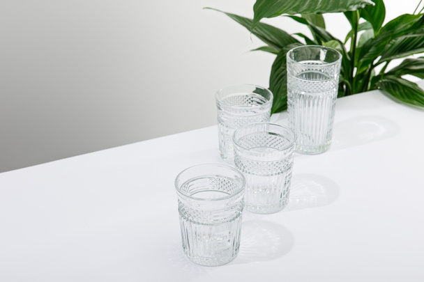 faceted glasses of fresh water on white table near green peace lily plant - Photo, Image