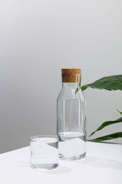 glass and bottle of fresh water on white surface near green peace lily plant isolated on grey - Valokuva, kuva