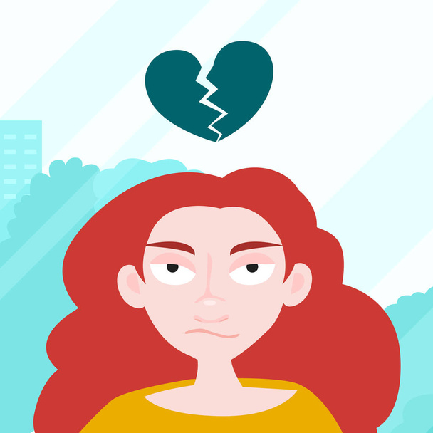 Sad young redhead girl with broken heard as a symbol for end of romantic relationship. Vector Illustration. - Vector, Image
