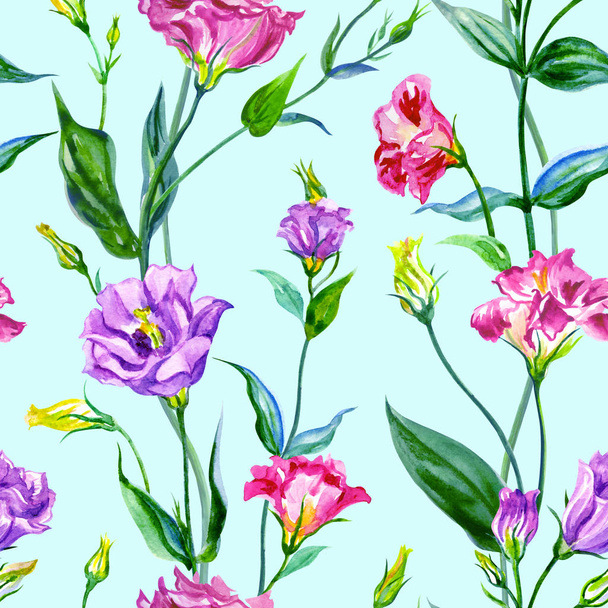 Eustoma seamless pattern on a blue background, watercolor illustration. Floral print for fabric or other designs. - Foto, afbeelding