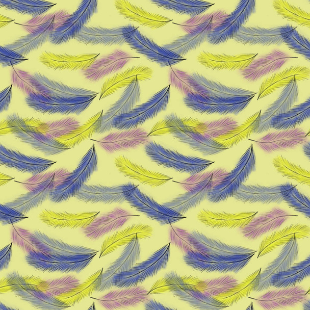Бесшовный рисунок красочных перьев на желтом фоне. Ручной рисунок Желтые, синие, фиолетовые перья. Печать, упаковка, обои, текстиль, дизайн ткани
 - Фото, изображение