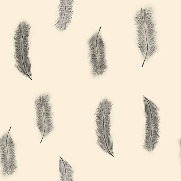 Naadloos patroon met grijze veren op roze achtergrond. Dierveren. Print, verpakking, behang, textiel, stof design - Foto, afbeelding
