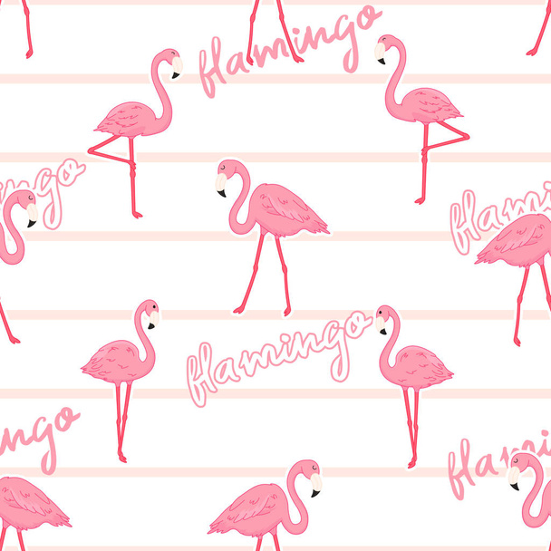 cute cartoon pink flamingos seamless pattern on white background with pink stripes, wild tropical birds, editable vector illustration for kids decoration, fabric, textile, paper, banner, poster, - ベクター画像
