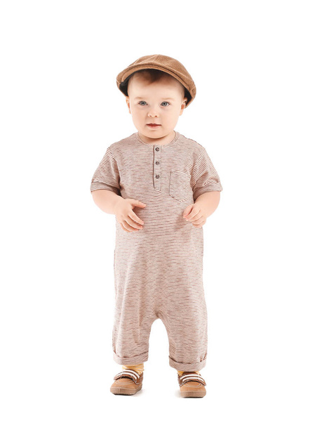Cute baby with stylish hat on white background - Fotó, kép