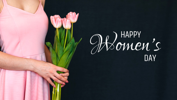Greeting card with the inscription Happy Womens Day. Pink tulips - Fotoğraf, Görsel