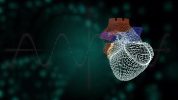 Herzinfarktkonzept. abstrakter Grid-Stil Herz pumpt aktiv Blut und Herzfrequenzdiagramm auf dunklem Raum Hintergrund mit Copyspace für Text. - Filmmaterial, Video
