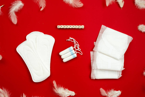 Top view with white feathers, woman pads and tampons lying on re - Photo, Image