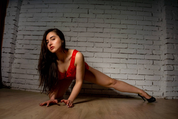 Beautiful brunette woman posing in red lingerie on red background. Brunette woman posing in red bodysuit in studio. Fit sporty girl. Concept of beauty, fashion and style. Valentines day. - Φωτογραφία, εικόνα