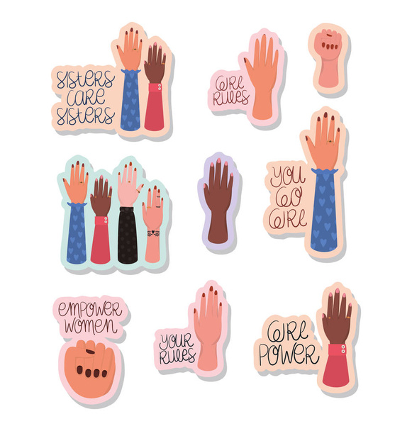 Hands and texts stickers set of women empowerment vector design - ベクター画像