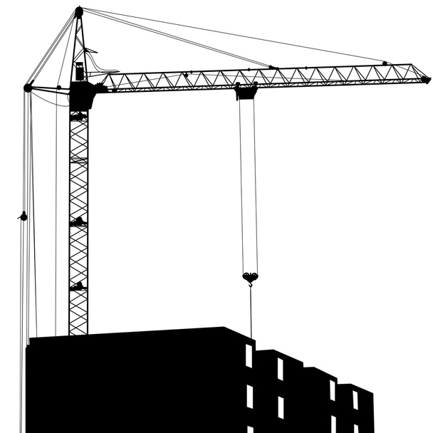 silhouet van een kranen werken aan het gebouw op een witte achterzijde - Vector, afbeelding