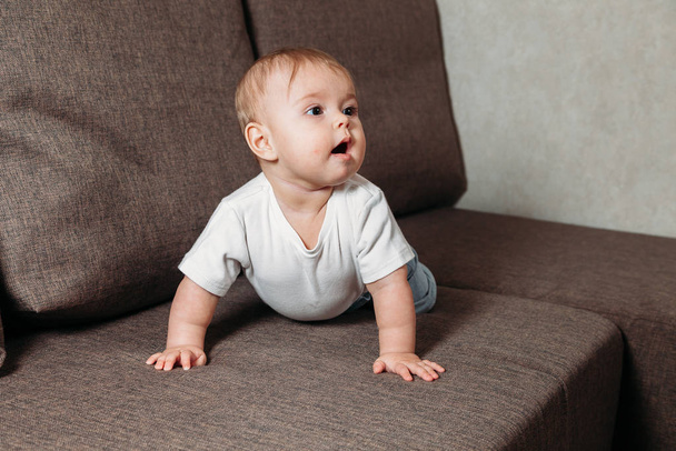 hildhood babyhood and people concept happy smiling little baby boy or girl crawling on sofa  - Φωτογραφία, εικόνα