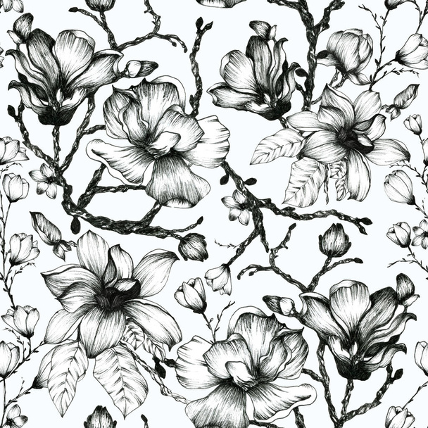 florales nahtloses Muster mit Blättern und Blüten. Doodles Ornament. - Foto, Bild