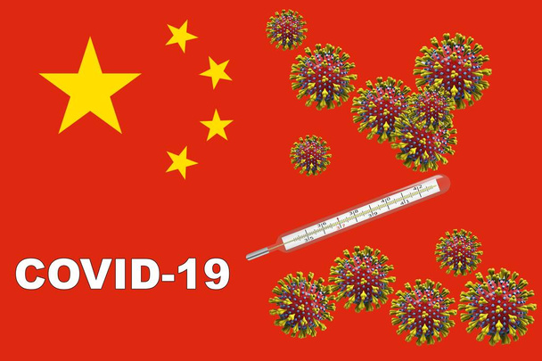 Corona vírus, kovid-19, klinikai hőmérővel egy kínai zászlón - Fotó, kép
