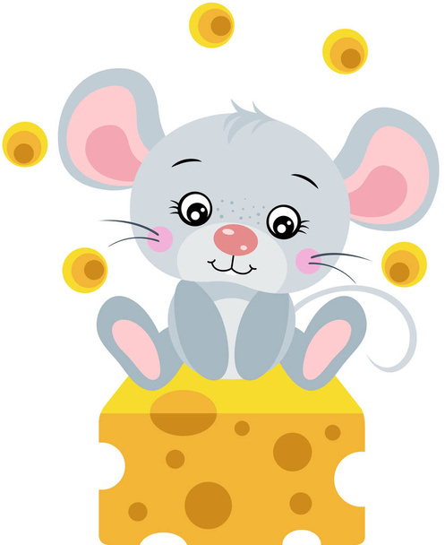 Cute mouse sitting on cube of cheese - Vector, Image