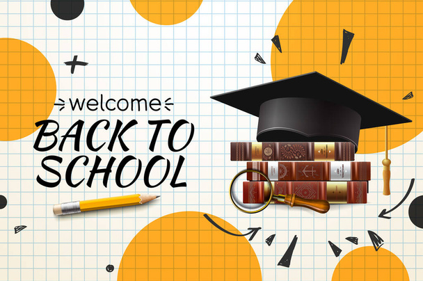 Back to School, web banner with graduation hat and books. Template for retail marketing promotion and education related. Vector illustration. - Vector, Image