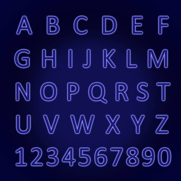 Сяючий неоновий алфавіт з літерами від А до Я і числами від 1 до 0. Тенденція кольору рік 2020 синій
. - Фото, зображення