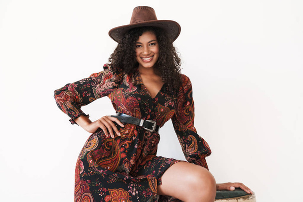Image of young african american cowgirl in dress and hat standin - Foto, Imagem