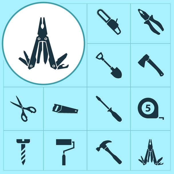Conjunto de iconos de herramientas manuales con alicates, perno, pala y otros elementos de tornillo. Iconos de herramientas manuales de ilustración vectorial aislado
. - Vector, imagen