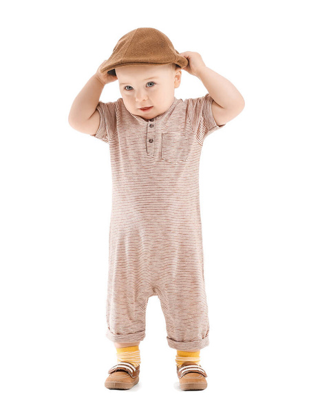 Cute baby with stylish hat on white background - Zdjęcie, obraz