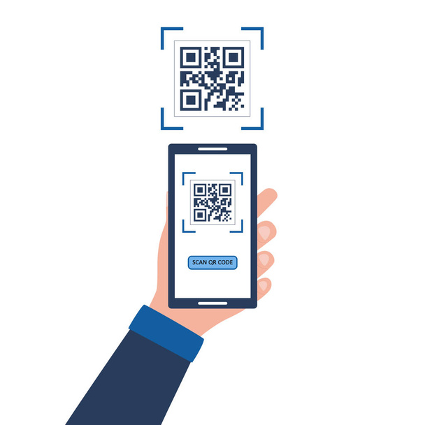 A hand with a smartphone scans a QR code. Men's hands hold the phone. Flat vector illustration isolated on white background. - ベクター画像