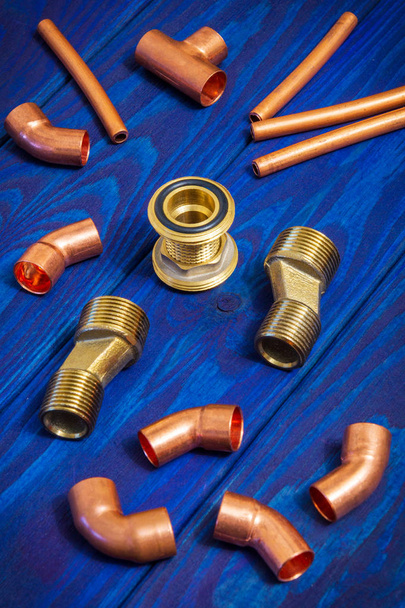 Copper water pipe fittings plumbing concept or repair water supply - Photo, Image