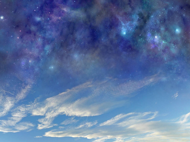 Dzień i noc wszystko naraz tło - ciemnoniebieski głęboki kosmos z wieloma różnymi gwiazdami, planetami i chmurami stapiającymi się w piękny błękitny dzień niebo chmura formacja tło - Zdjęcie, obraz