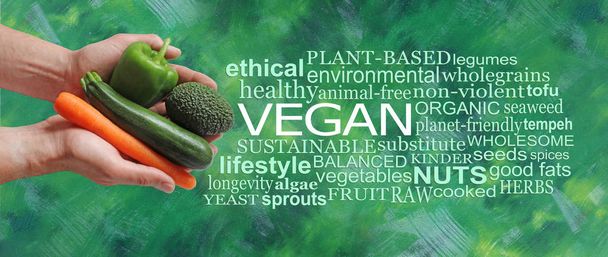 Veganism ως τρόπος ζωής σύννεφο λέξη - αρσενικά χέρια γεμάτα με καρότο, κολοκύθι, πιπέρι και αβοκάντο δίπλα σε μια λέξη veganism σύννεφο σε ένα πολυ πράσινο σύγχρονο ζωγραφισμένο αφηρημένο φόντο  - Φωτογραφία, εικόνα