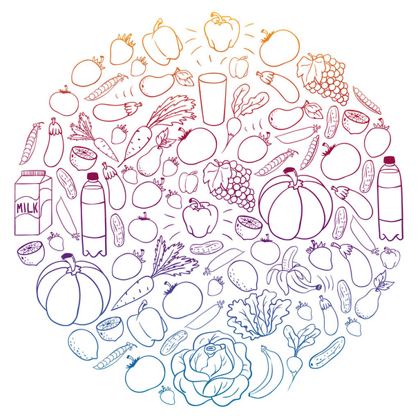 Vector pattern with healthy food. Fruits and vegetables. Milk, dairy products. Pattern for store, mall, menu, cafe, restaurants. - Vettoriali, immagini