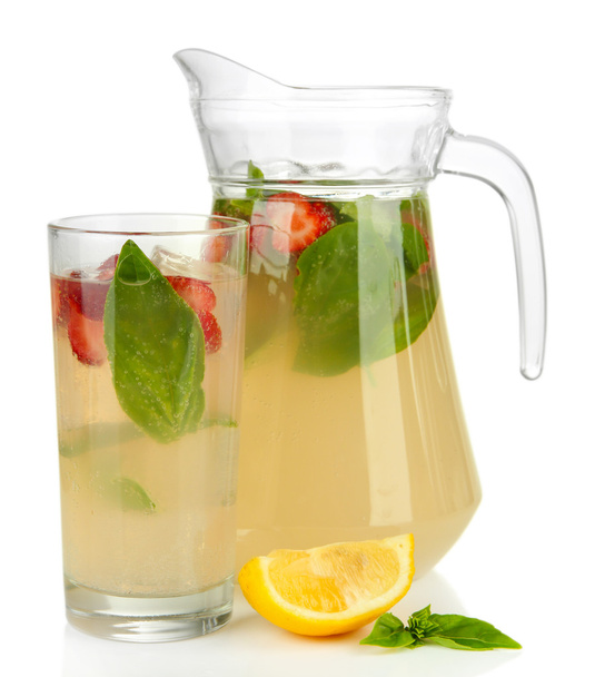 Basil lemonade with strawberry, isolated on white - Fotó, kép