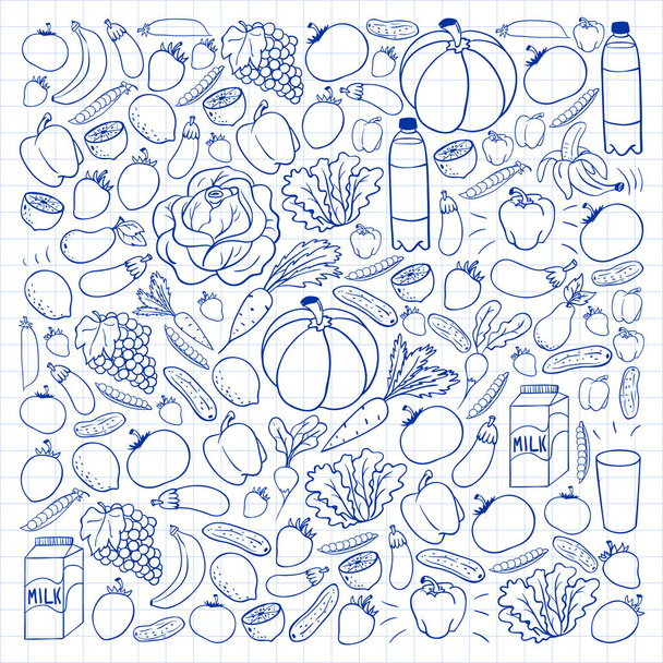 Vector pattern with healthy food. Fruits and vegetables. Milk, dairy products. Pattern for store, mall, menu, cafe, restaurants. - Διάνυσμα, εικόνα