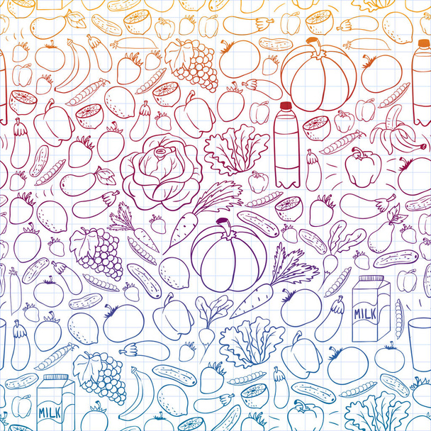 Vector pattern with healthy food. Fruits and vegetables. Milk, dairy products. Pattern for store, mall, menu, cafe, restaurants. - Vector, imagen