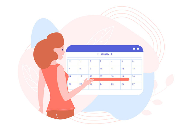 La chica está planeando un mes en el calendario
 - Vector, Imagen