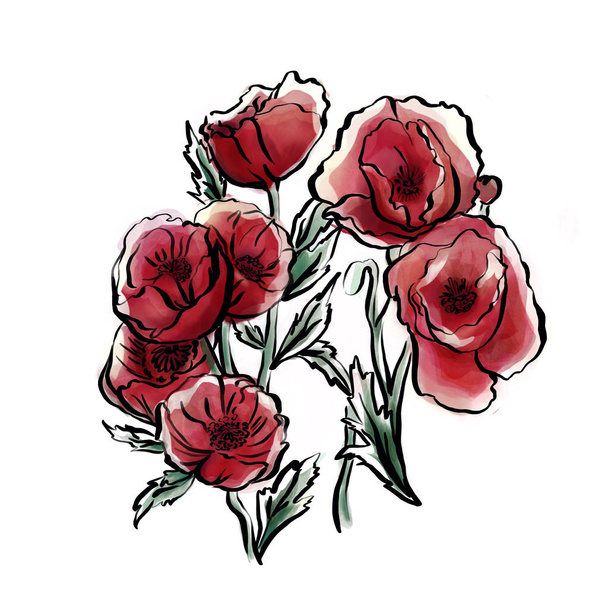 Акварель безшовний візерунок червоні квіти ізольовані на чорному тлі
 - Фото, зображення