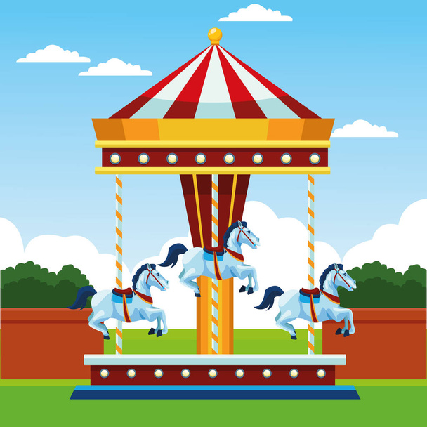 fair horses carousel over landscape background - Vector, Image