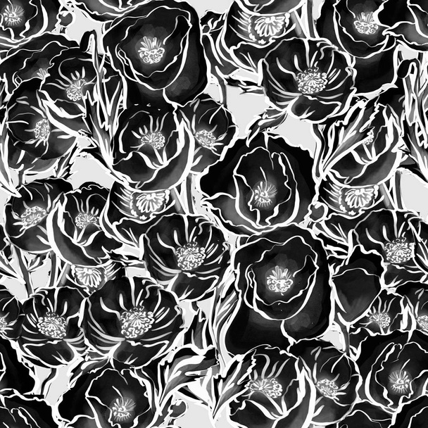 watercolor seamless pattern monochrome flowers isolated on gray background - Photo, Image