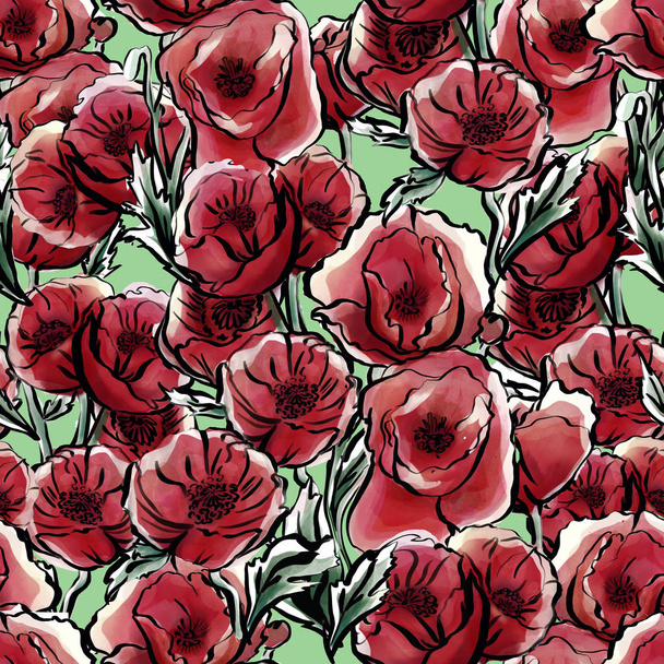 watercolor seamless pattern red flowers isolated on green background - Photo, Image