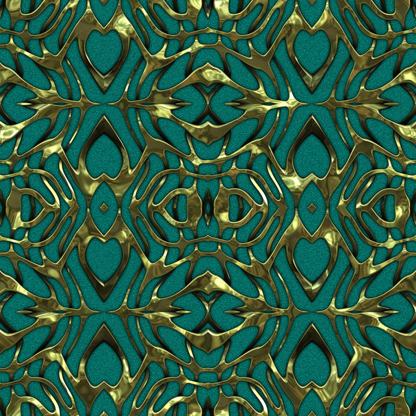 Luxury regal seamless pattern with gold mesh ornament in style of fashion on colorful fabric background. Design for wallpapers and textile print. Luxurious glossy metalwork fantasy texture. - Фото, зображення