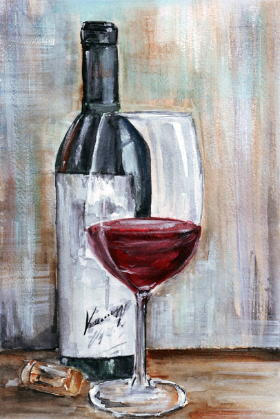 watercolor bottle red wine glass - Photo, Image