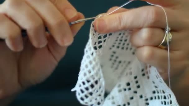Χειροποίητο παραδοσιακό πλέξιμο. Γυναίκα κάνει καμβά μοτίβο ράμματα με βελόνα ραπτικής. Κάλυμμα με σπείρωμα - Πλάνα, βίντεο