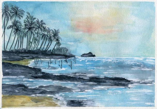 Akwarela. Plaża Oceanu Indyjskiego na Koggali Sri Lanka - Zdjęcie, obraz