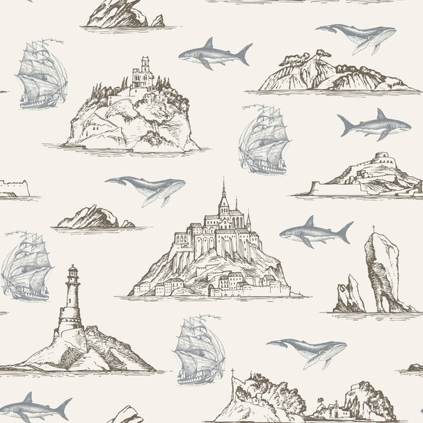 vector seamless pattern with hand-drawn islands - ベクター画像