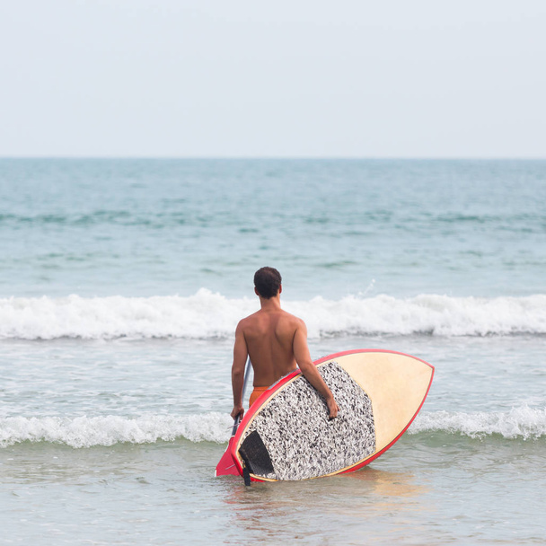 Rear view of unrecognizable male surfer at tropical beach with sup surf board and paddle in his hands - Photo, Image