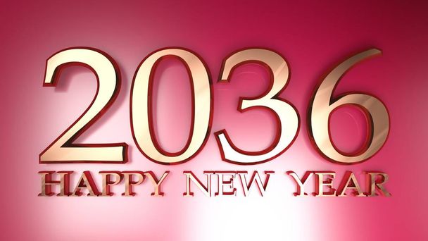 Η γραφή 2036 Ευτυχισμένο το Νέο Έτος σε γυαλιστερά μεταλλικά ψηφία χαλκού, που σε ένα γυαλιστερό κόκκινο φόντο - 3D απεικόνιση απόδοση - Φωτογραφία, εικόνα