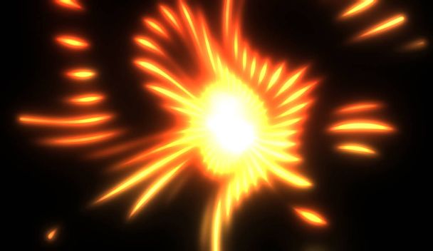 Siyah arkaplanda izole edilmiş dinamik ışık ışınları. Parlayan renkli ışık parçacıklarının grafiksel 2d çizimi. - Fotoğraf, Görsel