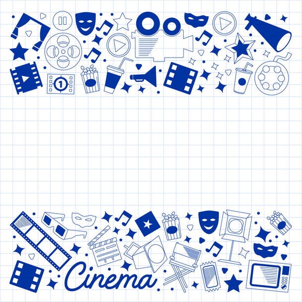 Vector pattern with cinema icons. Movie Theater, TV, popcorn, video clips, musical - Vektör, Görsel