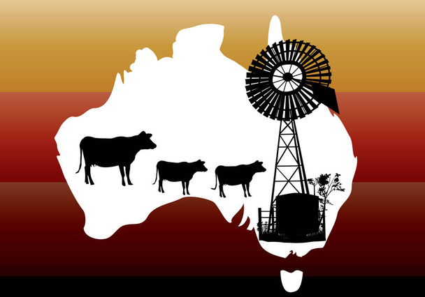 Línea de un mapa blanco de Australia con vacas y molino de viento
  - Vector, imagen