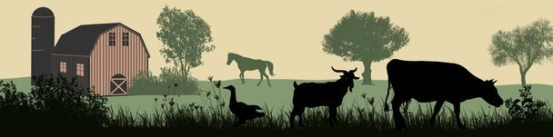 Sylwetka zwierząt gospodarskich na pięknym krajobrazie wiejskim - Wektor, obraz